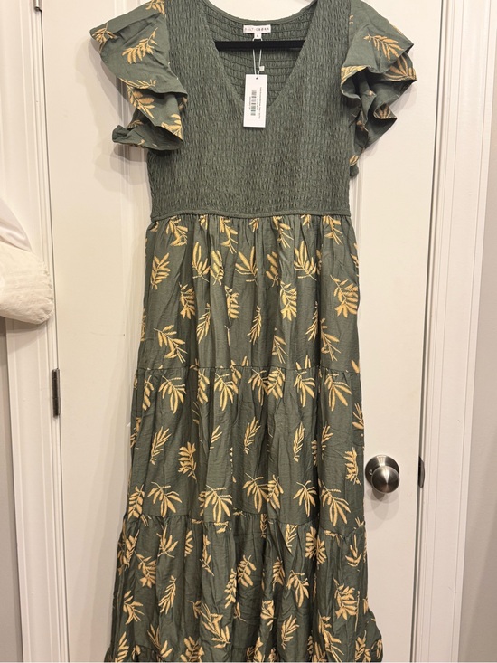 Baltic Born Dresses & Skirts - Baltic Born Olive Green Maxi Dress with Yellow Leaf Print